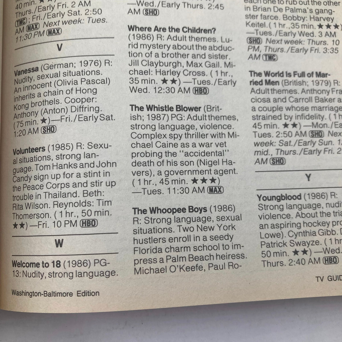 Interior page from TV Guide Magazine June 25 1988, displaying movie listings and descriptions including titles like 'Vanessa', 'Volunteers', and 'The Whoopee Boys', from the Washington-Baltimore edition.