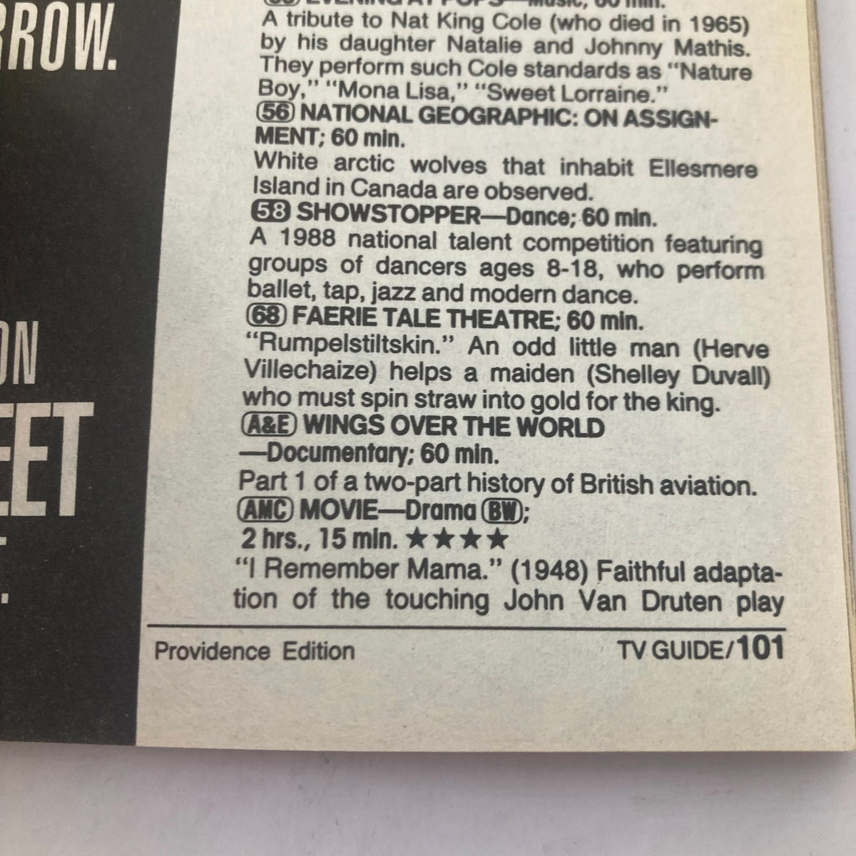Back cover of the TV Guide Magazine November 25, 1989, Providence Edition, highlighting various TV programming listings, including 'National Geographic: On Assignment,' 'Showstopper,' and 'Faerie Tale Theatre.'