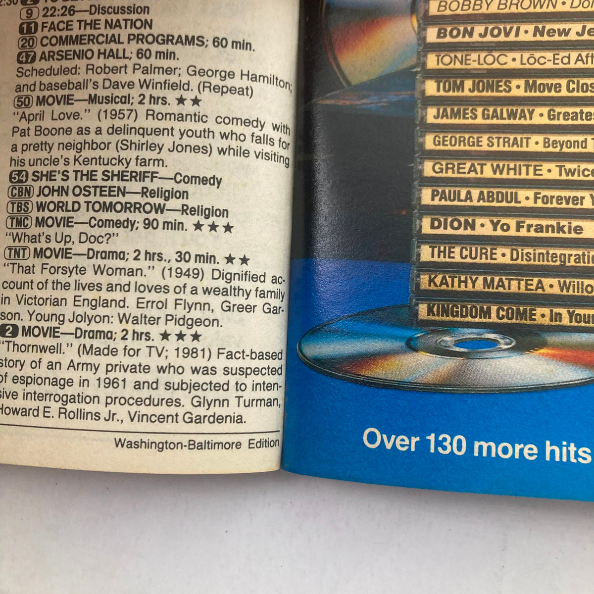 Inside page of TV Guide Magazine August 19, 1989, displaying programming listings and movie recommendations. Features include mention of shows like 'Arsenio Hall' and the drama 'Thornwell', along with music hits.