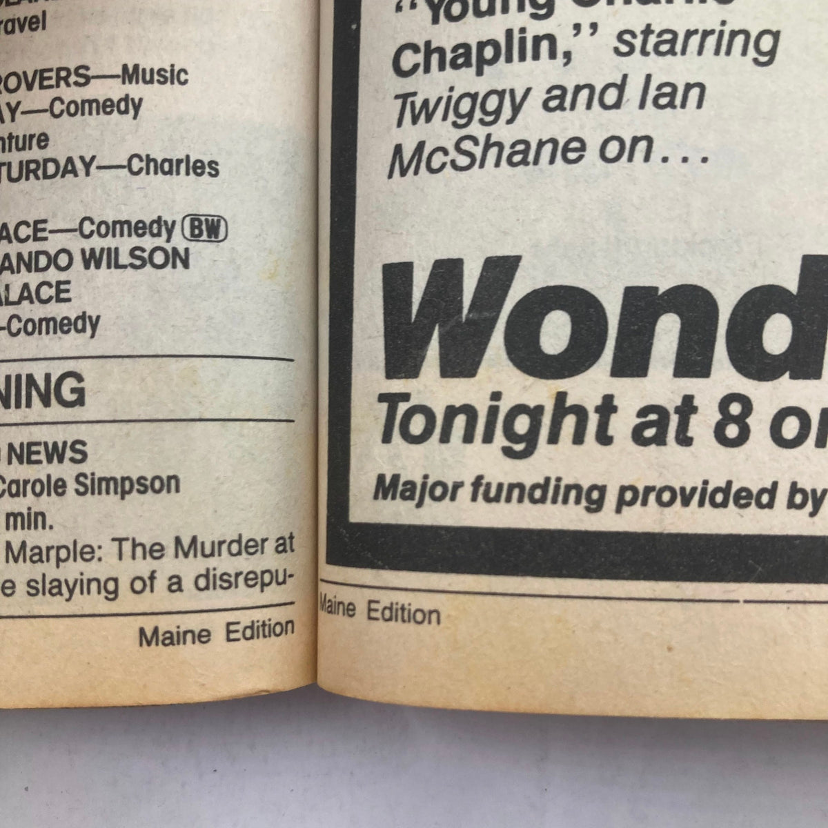 Inside page of TV Guide Magazine February 11 1989 featuring a schedule listing and advertisement for 'Young Charlie Chaplin' with details on the Maine Edition. The image shows various TV programming and a highlighted show description.
