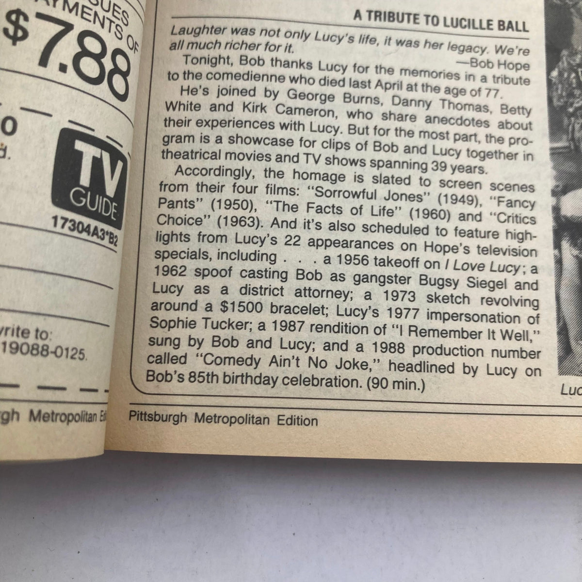 Inside page of TV Guide Magazine September 23, 1989, showcasing a tribute to Lucille Ball, discussing memories shared by Bob Hope and other stars regarding their experiences with Lucy. This page highlights the homage featuring clips and scenes from Lucy's television specials.