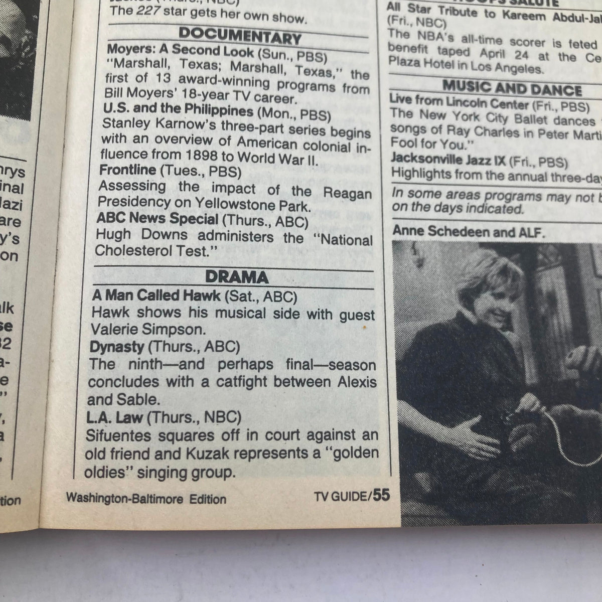 Inside page from TV Guide Magazine May 6 1989 showing the Washington-Baltimore edition's listings for documentary and drama shows with notable TV highlights.