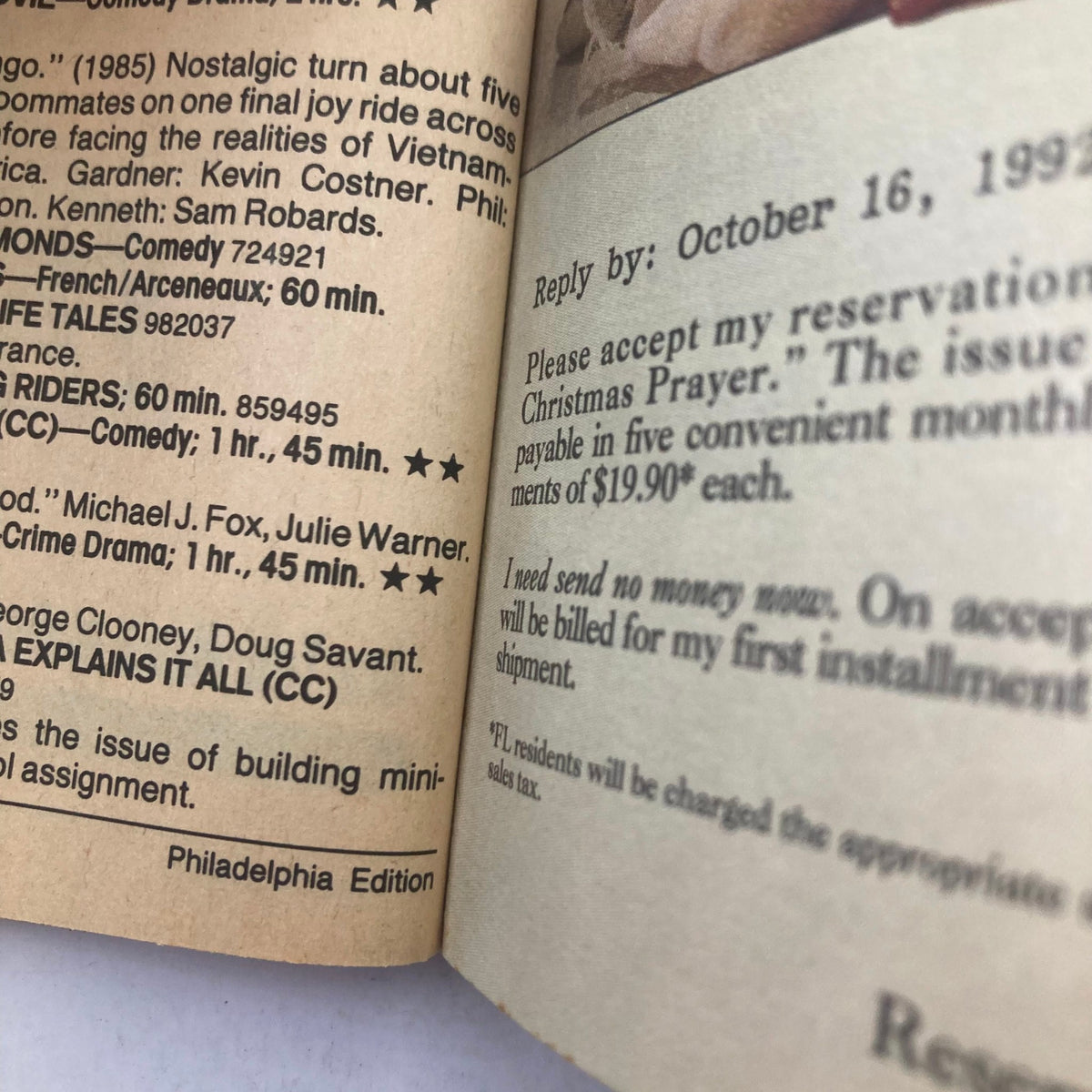 Interior page of TV Guide Magazine September 5, 1992, displaying program listings and details, including a reference to popular TV shows and movies from that era, with Philadelphia Edition noted.
