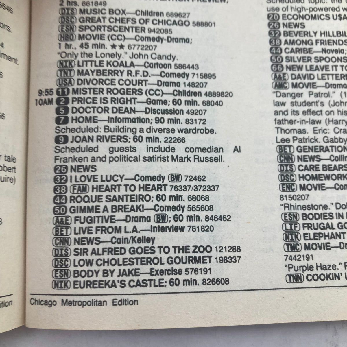 Inside page of TV Guide Magazine July 11 1992 showcasing television show listings and schedules, part of the Chicago Metropolitan Edition.