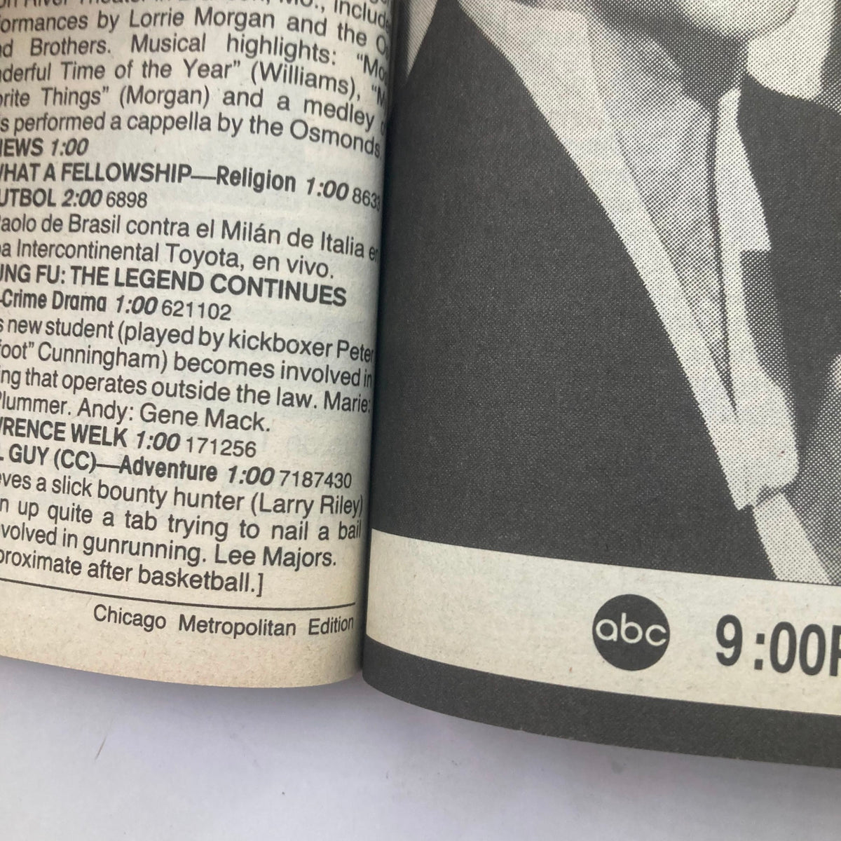 Inside page of TV Guide Magazine December 11, 1993 showing the programming listings, including various shows like 'Kung Fu: The Legend Continues' and details surrounding the Chicago Metropolitan Edition.