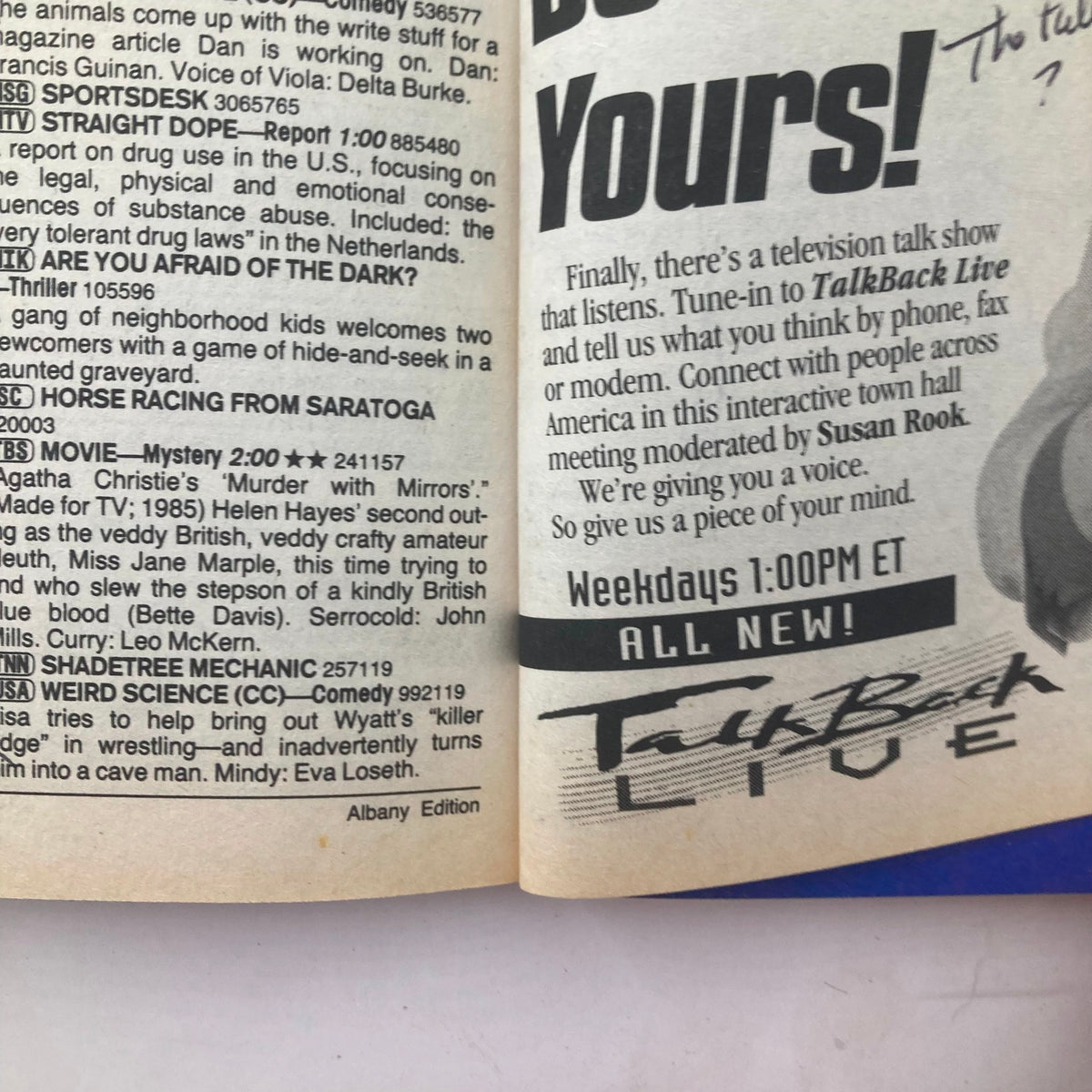Another inside page of TV Guide Magazine dated August 28, 1994 featuring promotional content for 'TalkBack Live,' a television talk show. The page is Albany edition, highlighting audience interaction.