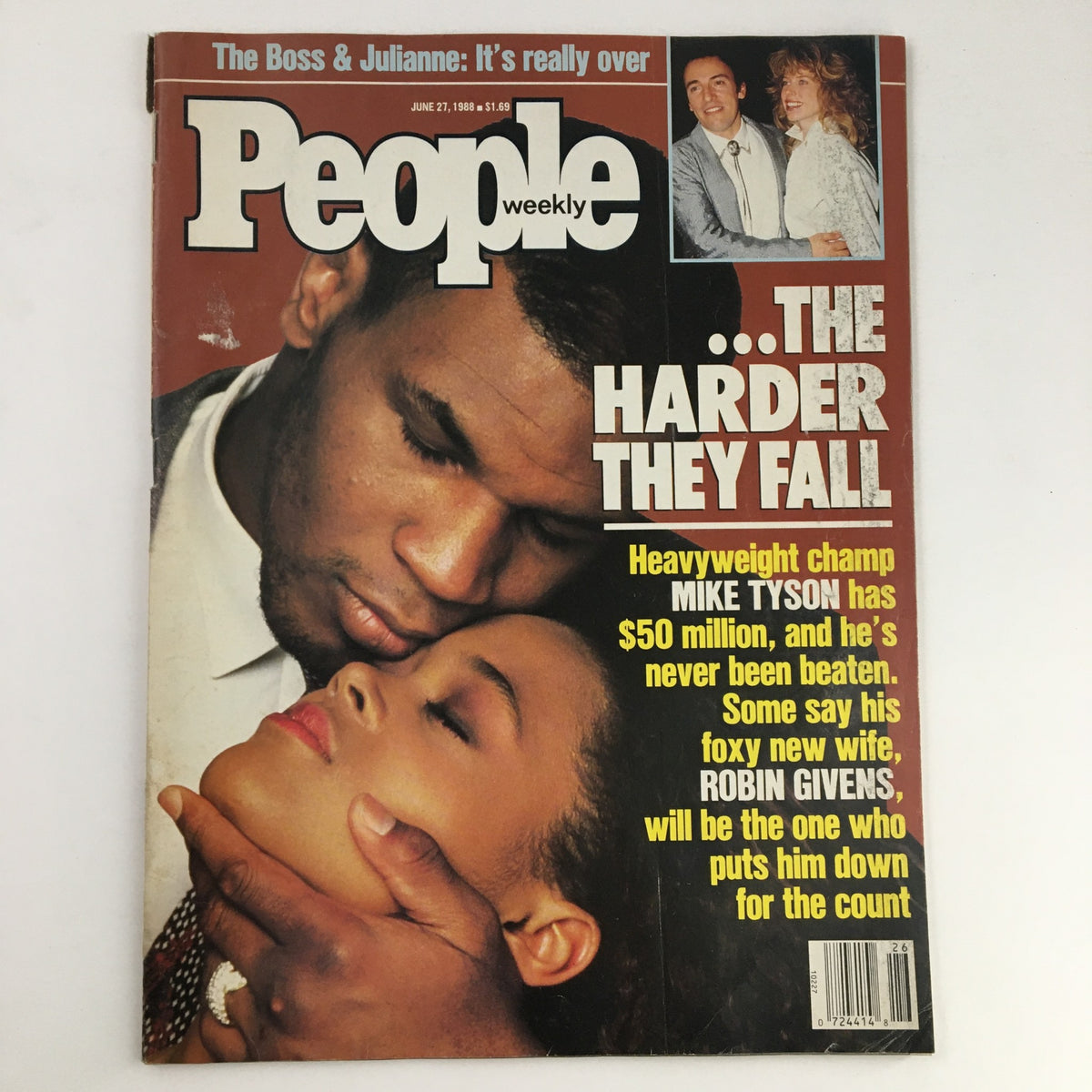 Cover of People Weekly Magazine dated June 27, 1988, featuring Mike Tyson and Robin Givens with the headline '...THE HARDER THEY FALL'. A striking image showcasing Tyson's embrace of Givens.