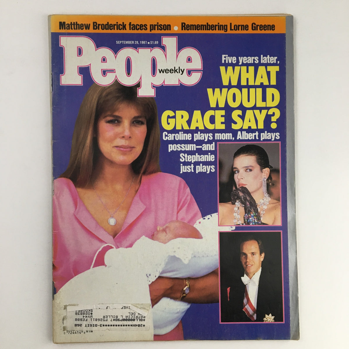 Cover of People Weekly Magazine dated September 28, 1987, featuring Caroline, Albert, and Stephanie. The headline asks, 'What Would Grace Say?' along with images of the key figures and details about Matthew Broderick.