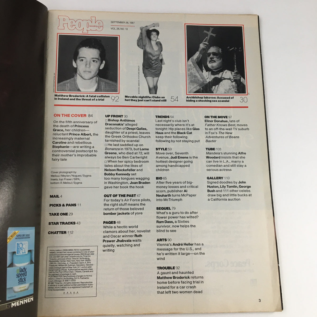 Inside page of People Weekly Magazine, September 28, 1987, featuring various articles including significant coverage on Caroline, Albert, and Stephanie along with a detailed table of contents and image thumbnails.