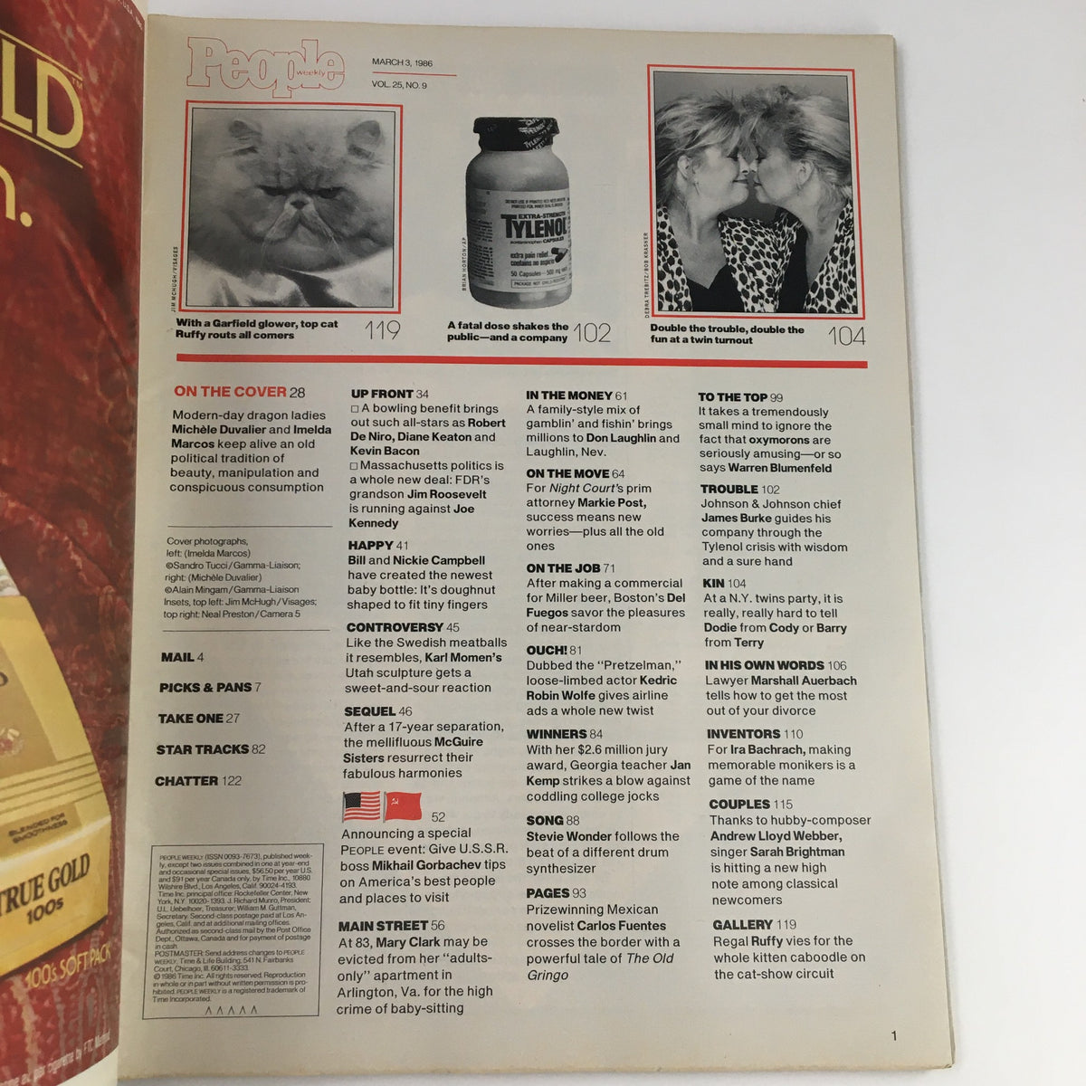 Inside page of People Weekly Magazine from March 3, 1986, detailing contents including articles on Michele Duvalier and Imelda Marcos.