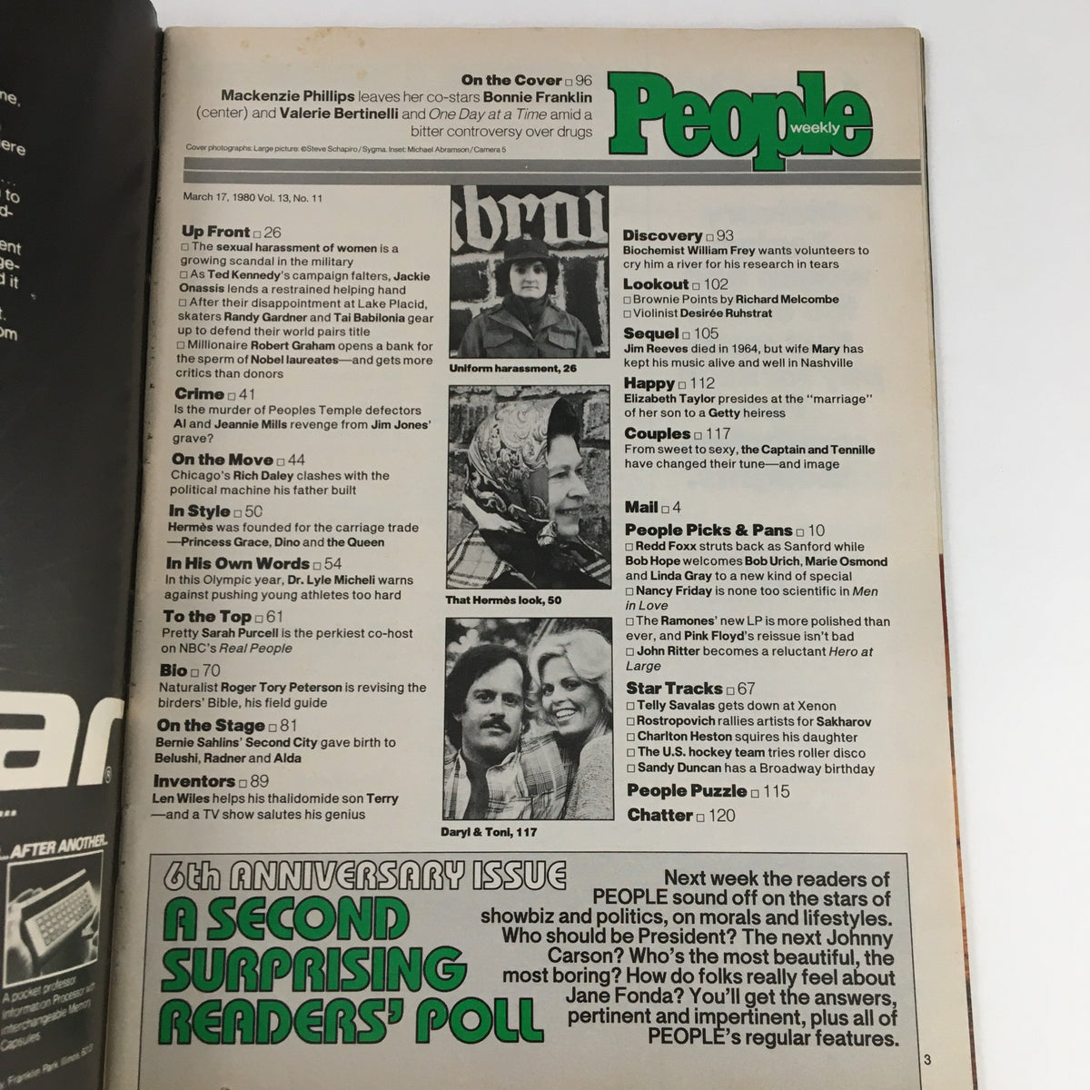 Inside page of People Weekly Magazine March 17, 1980, showcasing notable features and articles, including 'The Story of One Day's Troubled Star', offering a glimpse into the magazine's cultural insights and commentary.