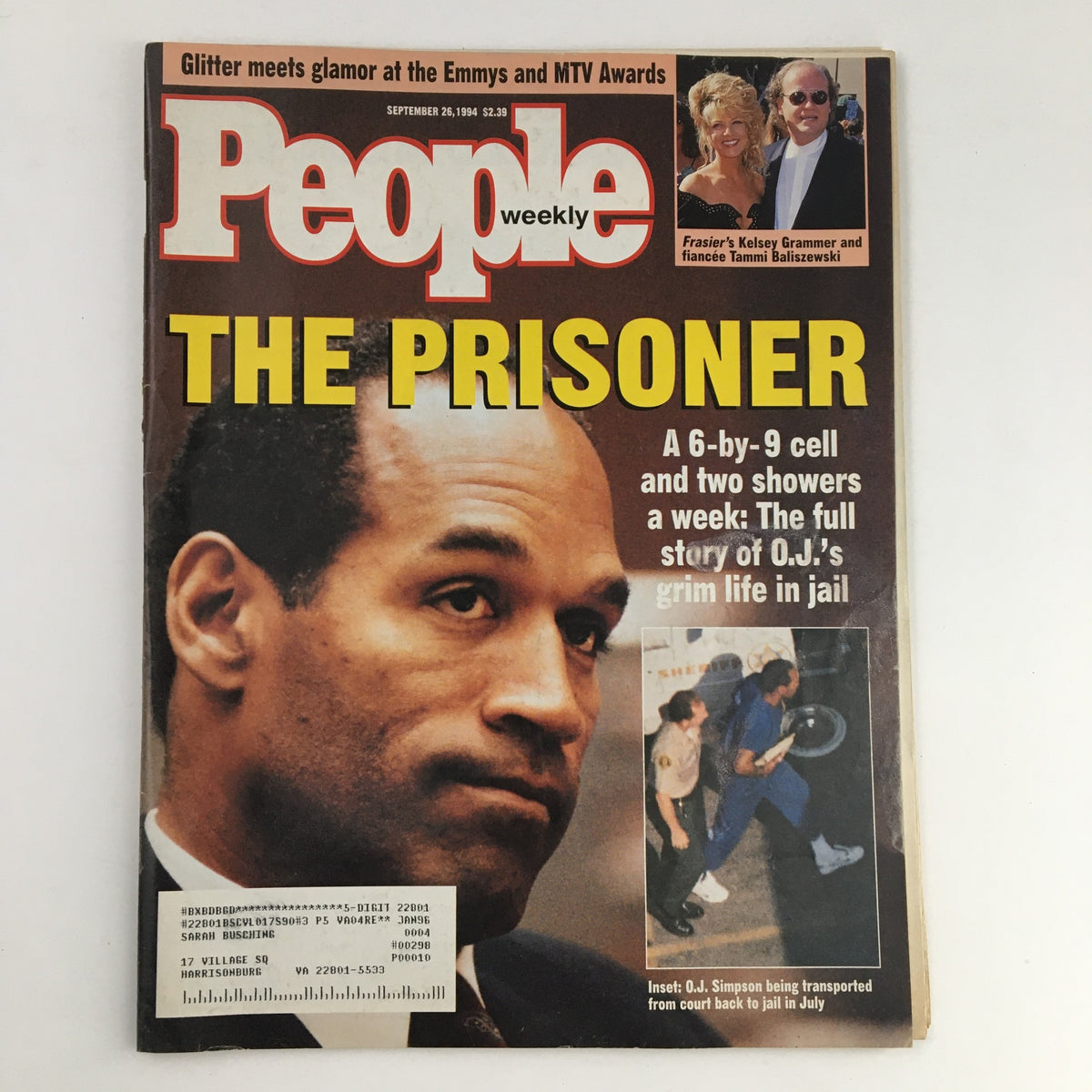 Cover of People Weekly Magazine September 26 1994 featuring O.J. Simpson's story, titled 'THE PRISONER', highlighting his grim life in jail.