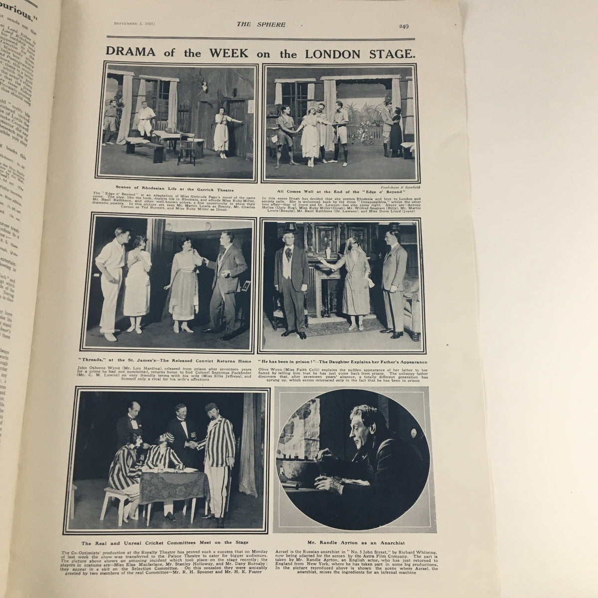The Sphere Newspaper September 3 1921 featuring a collage of six images depicting drama of the week on the London stage, capturing theatrical performances and actors in various scenes.