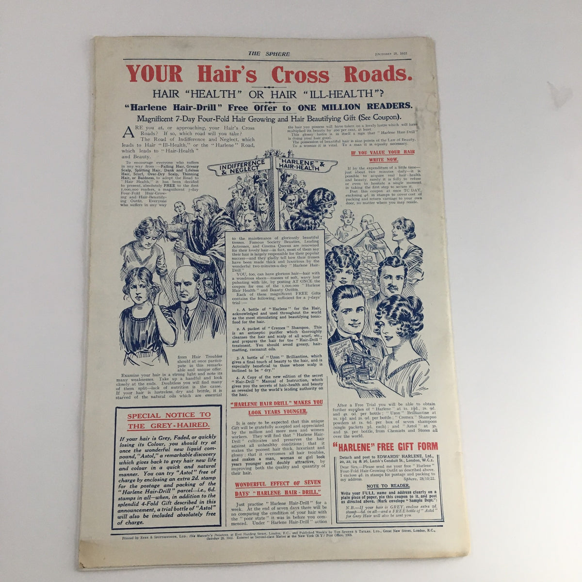 Another inside page of The Sphere Newspaper, October 28, 1922, detailing hair health advice with various illustrations, providing insight into popular health trends of the time.