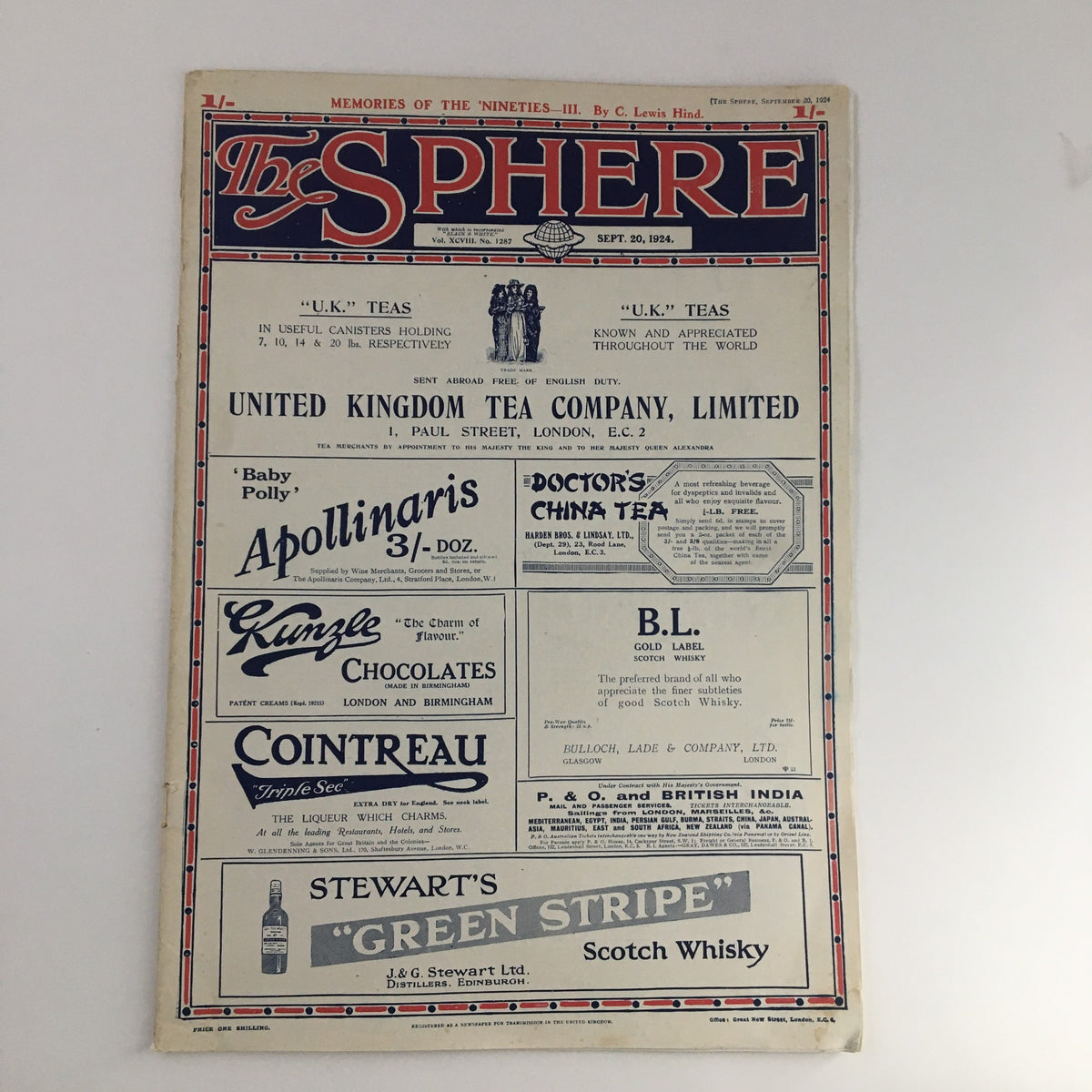 The Sphere Newspaper from September 20, 1924, featuring the publication's front page showcasing advertisements and a vintage design.