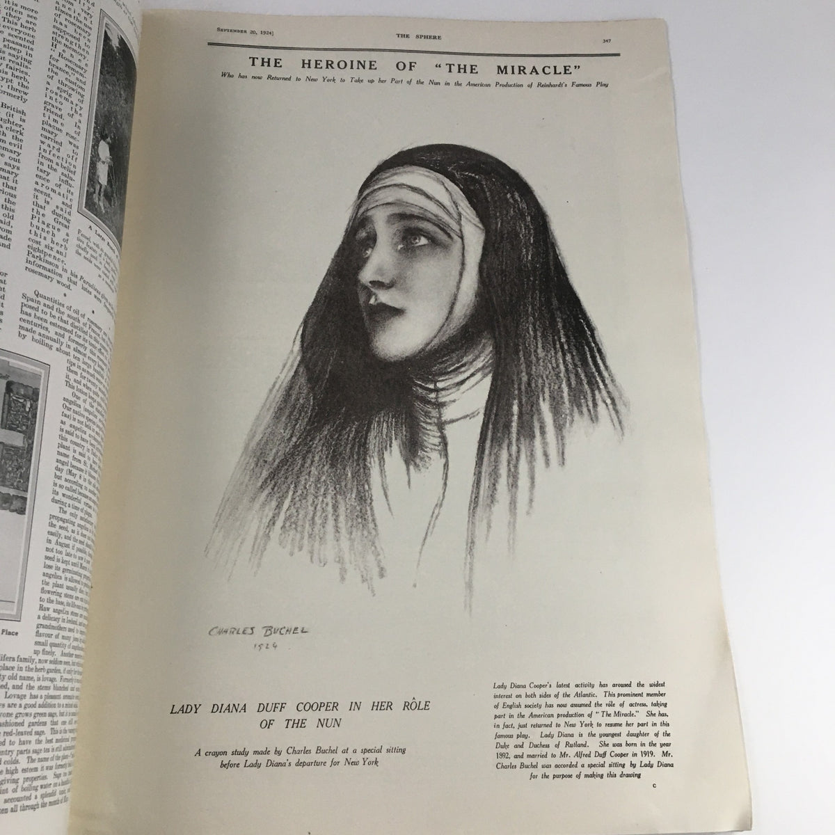 The Sphere Newspaper dated September 20, 1924, displaying a sketch of Lady Diana Duff Cooper titled 'The Heroine of The Miracle' by Charles Buchel.