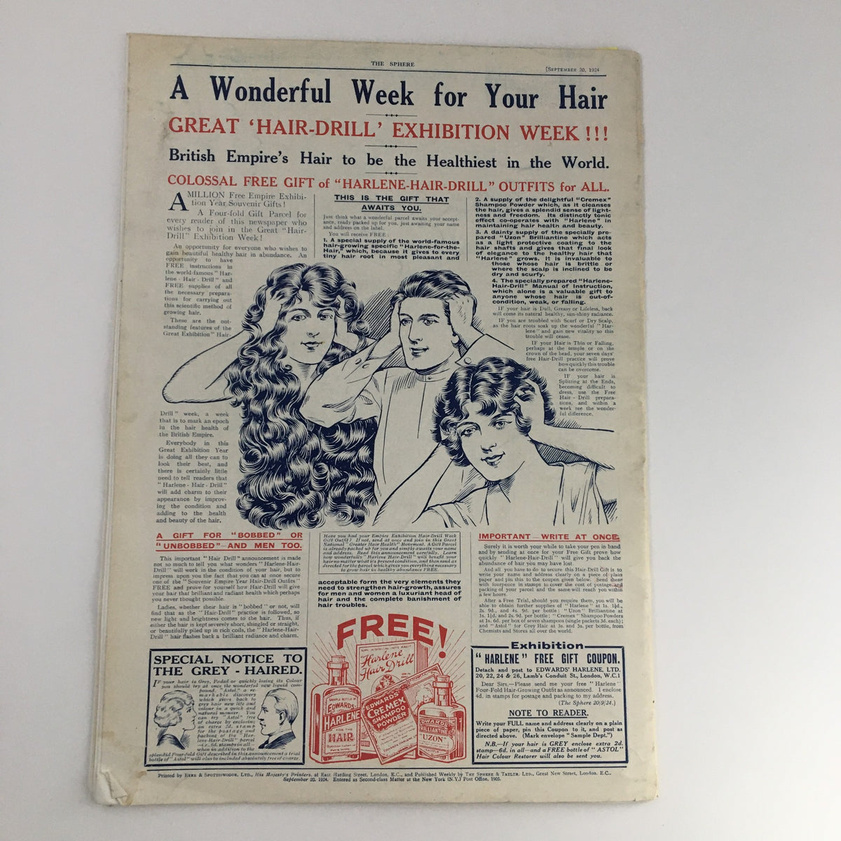 The Sphere Newspaper from September 20, 1924, presenting an advertisement for a 'Hair-Drill' exhibition highlighting hair care products in a vintage layout.