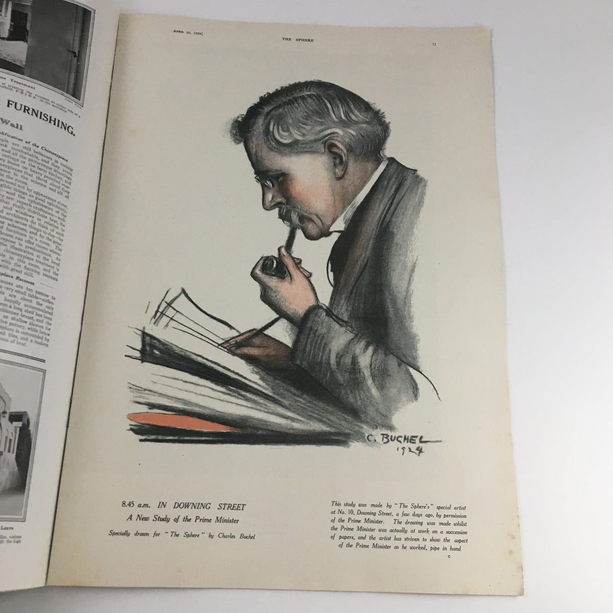 Illustration from The Sphere Newspaper April 19, 1924; artistic rendering of a man at Downing Street, depicted in a thoughtful pose, reflecting historical context.