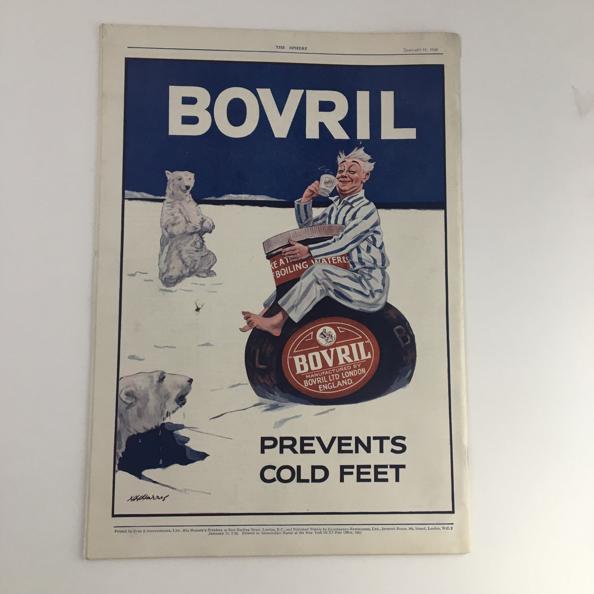 The Sphere Newspaper cover from January 11, 1930, featuring an advertisement for Bovril, illustrated with a whimsical character and polar bears, emphasizing the product's appeal to prevent cold feet.