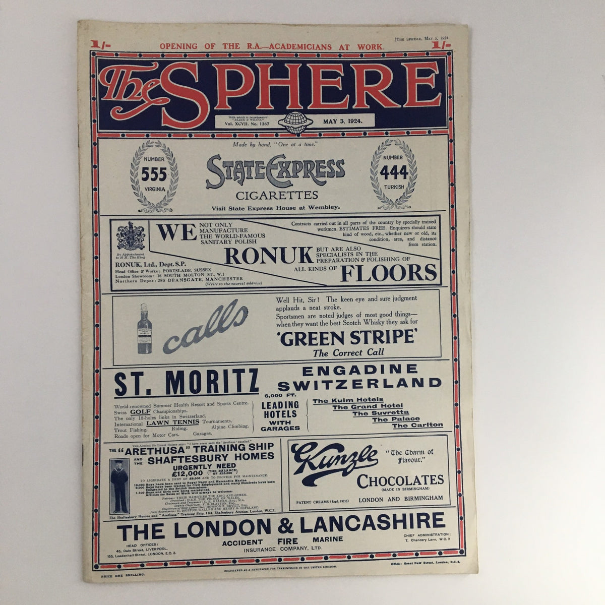 The Sphere Newspaper May 3 1924 showcasing the front page filled with advertisements and articles, providing a snapshot of 1920s media culture.