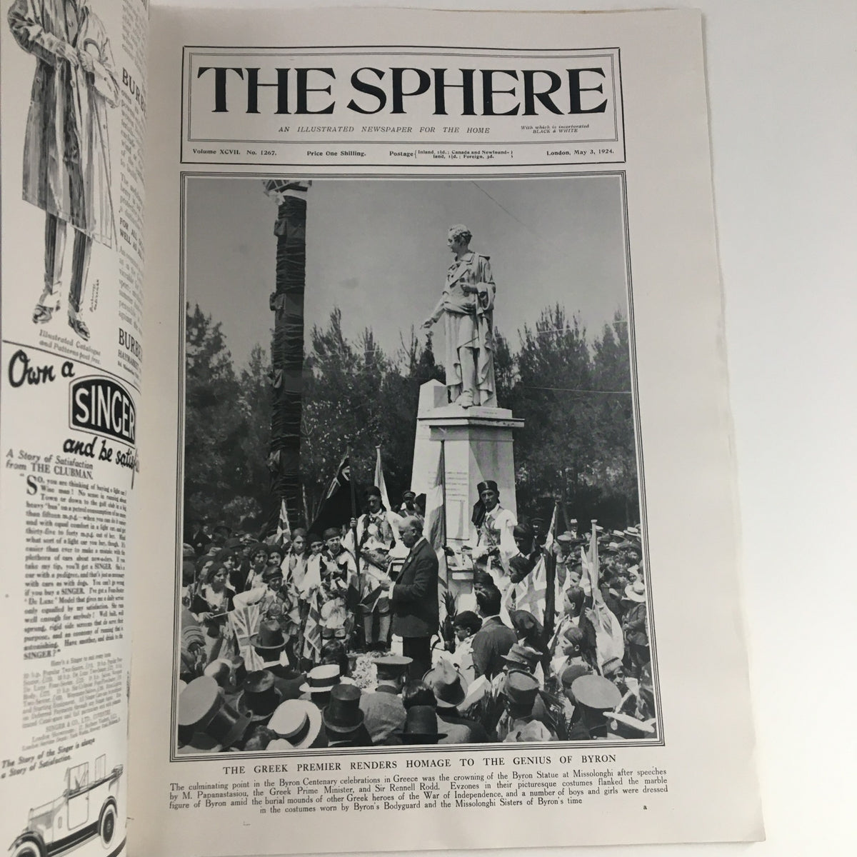 The Sphere Newspaper May 3 1924 featuring a photo of a large gathering honoring Lord Byron, with the Greek Premier rendering homage, reflecting historical significance.