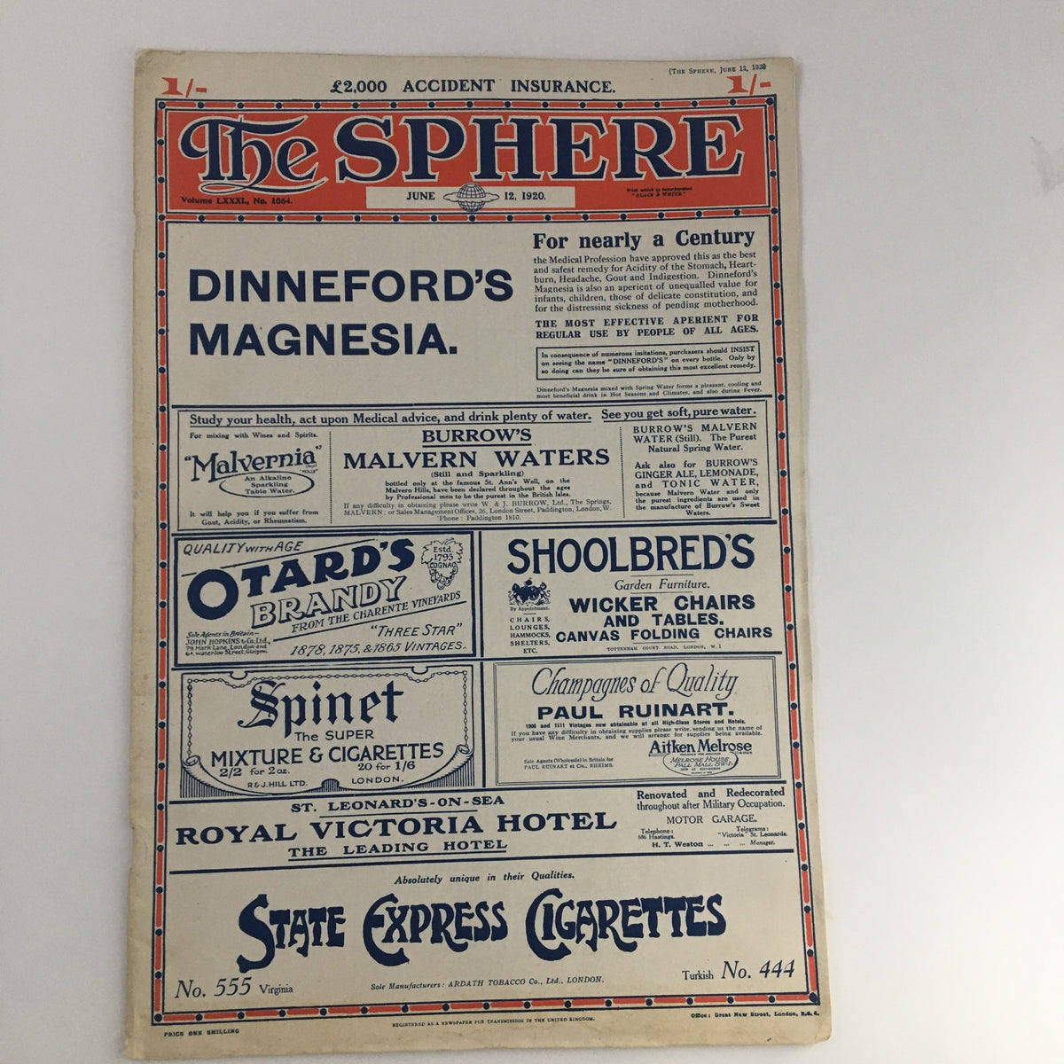 The Sphere Newspaper June 12 1920 front cover showcasing advertisements and articles, capturing the essence of early 20th century British culture.