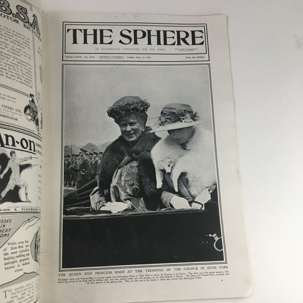 The Sphere Newspaper June 12 1920 featuring Queen Mary and Princess Mary in Hyde Park, capturing a historical moment of royal life.