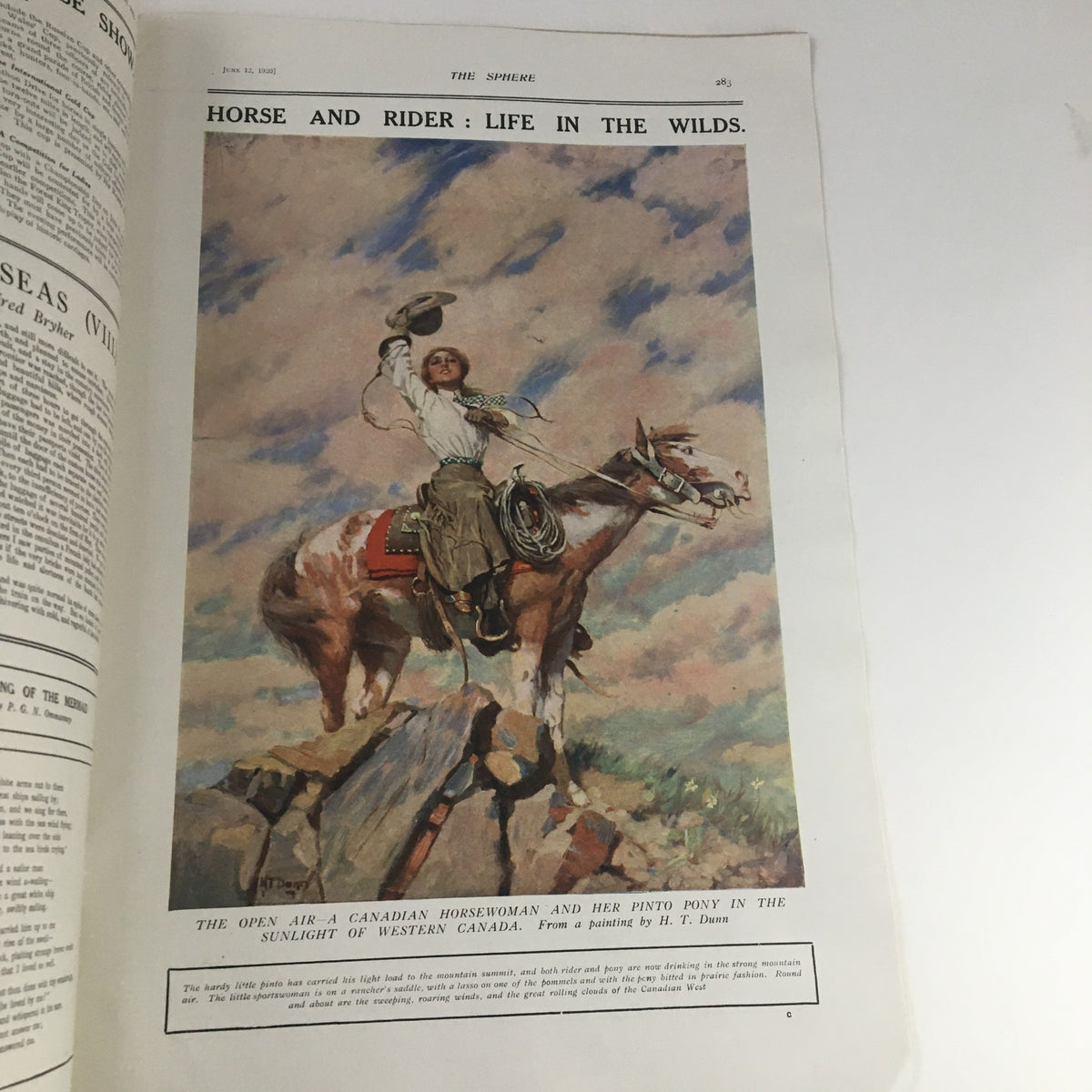 The Sphere Newspaper June 12 1920 featuring a colorful illustration titled 'Horse and Rider: Life in the Wilds,' depicting a Canadian horsewoman with her pony.