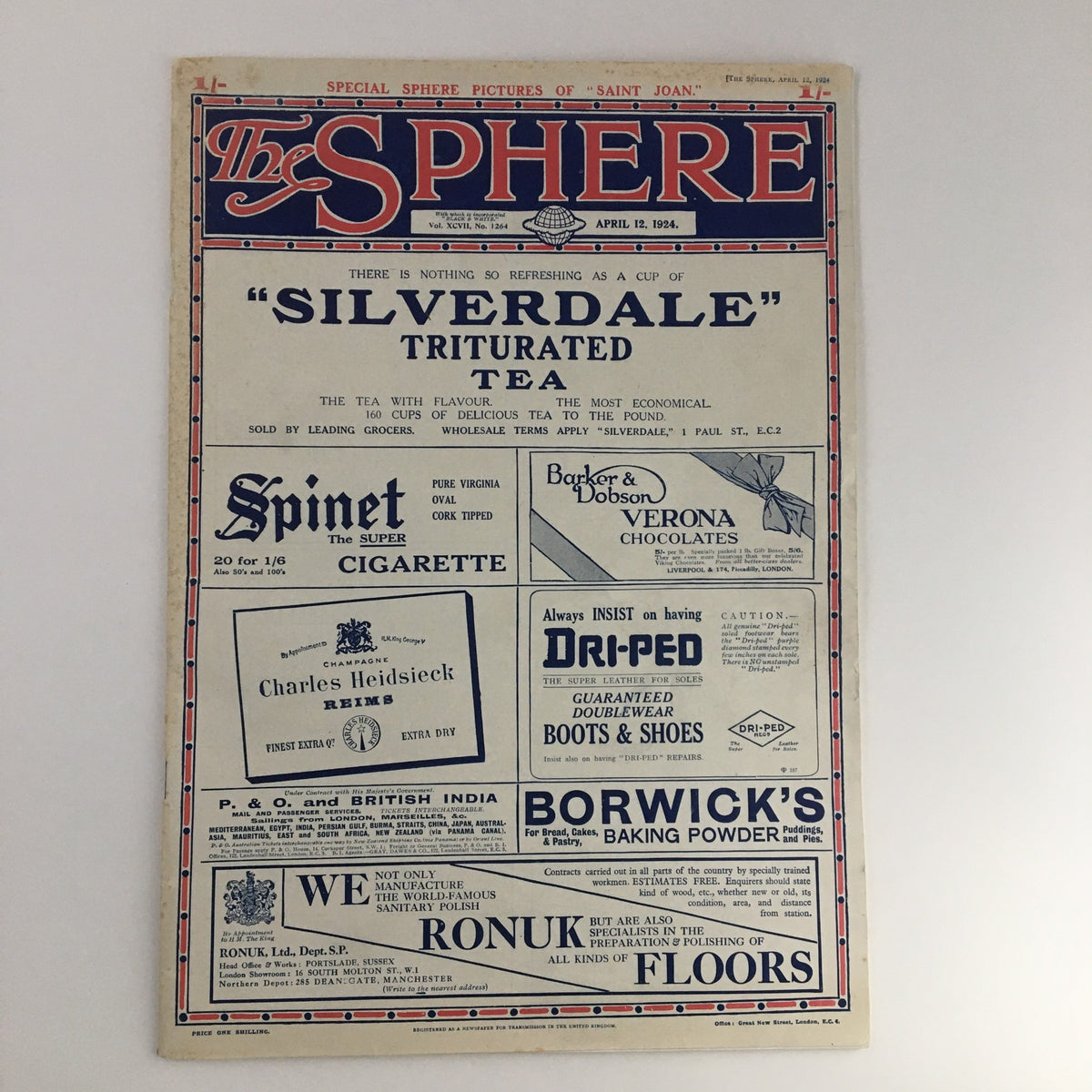 The Sphere Newspaper April 12 1924, highlighting advertisements along with a classic design reflecting the era.