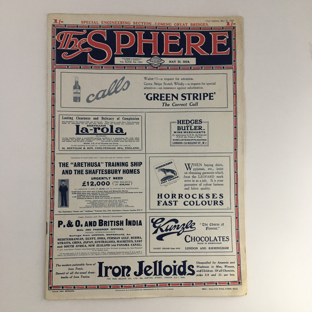 Cover of The Sphere Newspaper from May 21, 1924, showcasing advertisements and headlines with a vintage design.