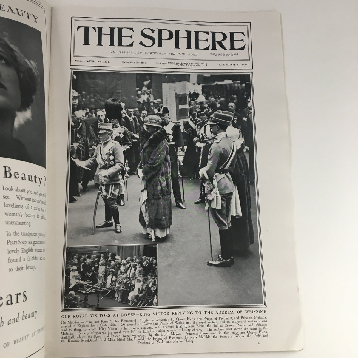 Front page of The Sphere Newspaper dated May 21, 1924, featuring King Victor Emmanuel and Queen Elena with royal visitors in a formal setting.