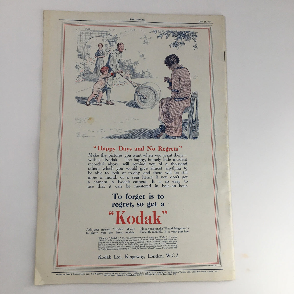 Advertisement page from The Sphere Newspaper dated May 21, 1924, highlighting Kodak camera products with an illustration of a family.