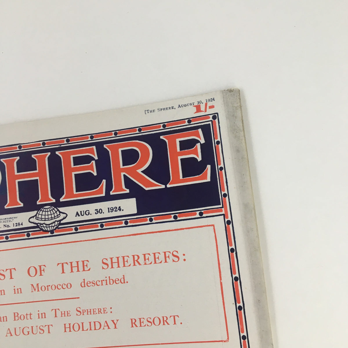 Close-up of The Sphere Newspaper August 30 1924 cover, featuring the date and title prominently, reflecting the design of vintage publications.