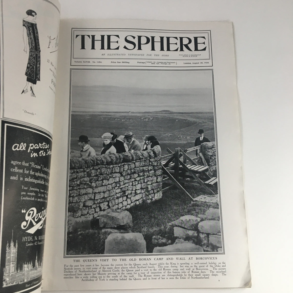 The Sphere Newspaper August 30 1924 featuring The Queen's Visit to the Old Roman Camp, showcasing a historical photograph of visitors at the Roman wall.