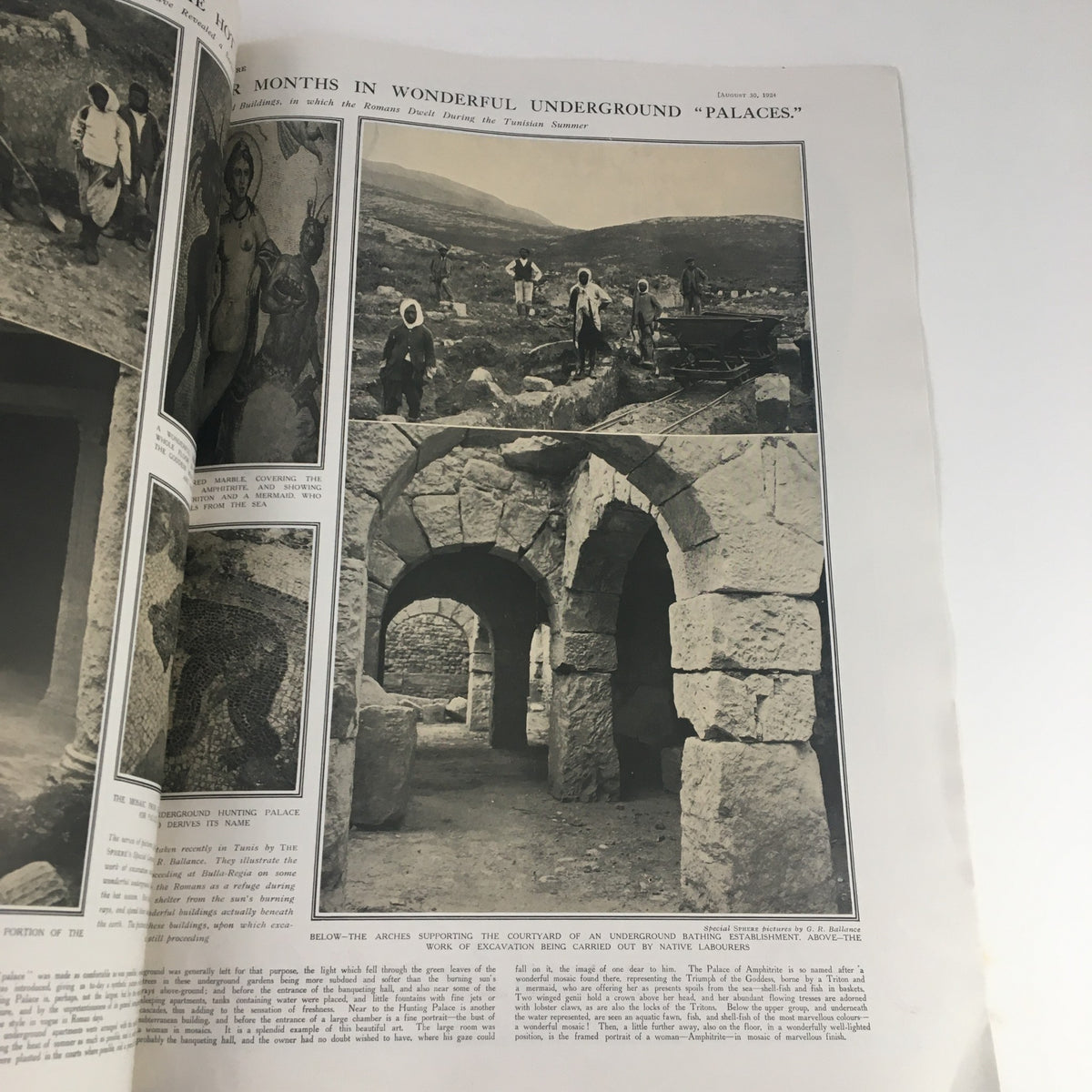 Inside view of The Sphere Newspaper from August 30, 1924, showcasing an article about underground palaces with images of historical figures and archaeological sites.