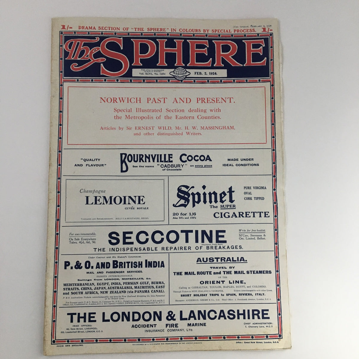 The Sphere Newspaper February 2 1924 cover featuring special sections on Norwich and advertisements from various brands.