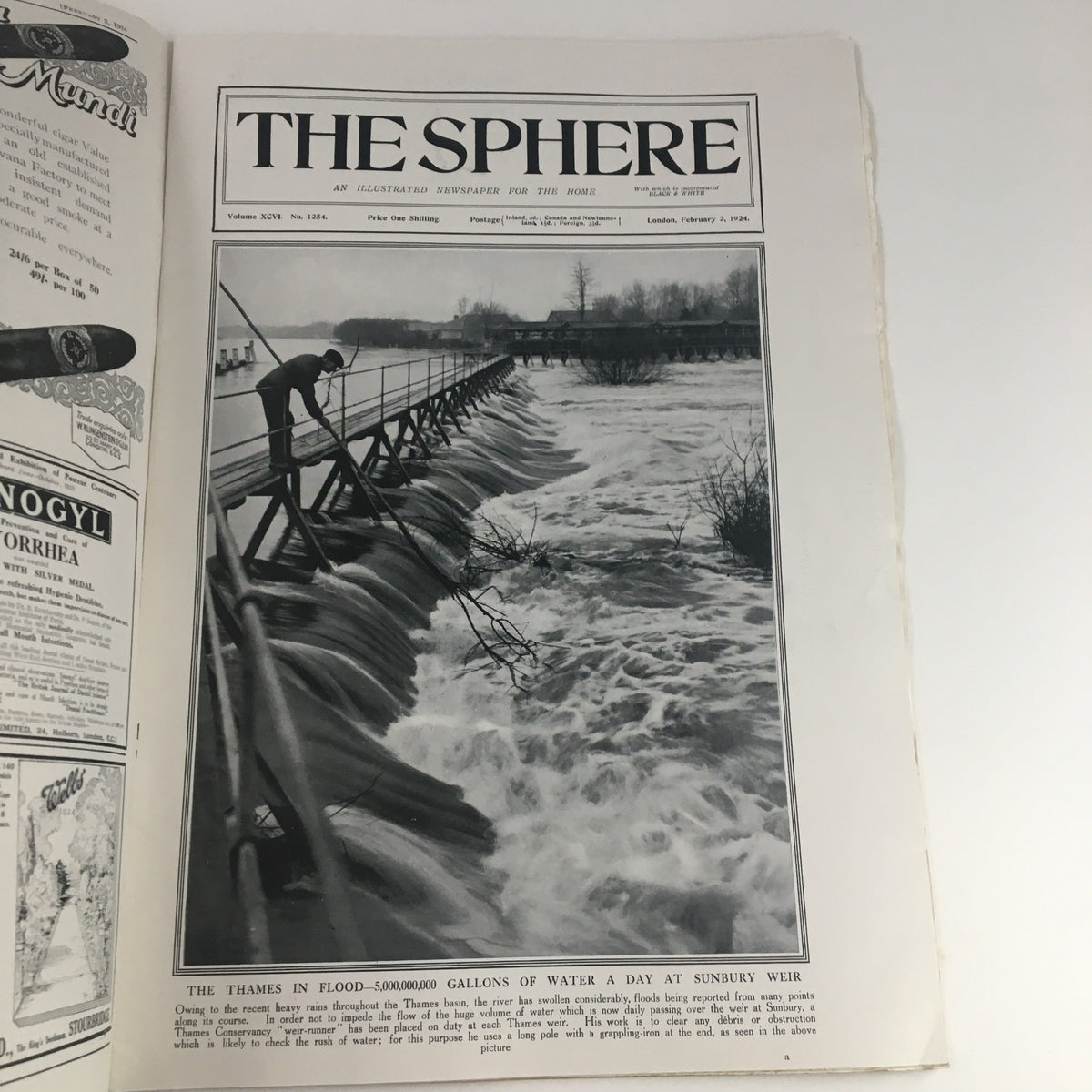 The Sphere Newspaper February 2 1924 The Thames in Flood at Sunbury Weir showing dramatic floodwaters at the weir.