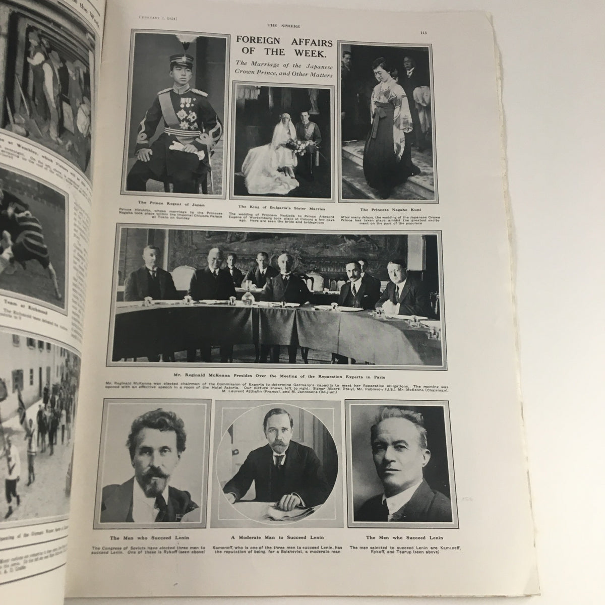 The Sphere Newspaper February 2 1924 page detailing Foreign Affairs of the Week with notable figures and events.
