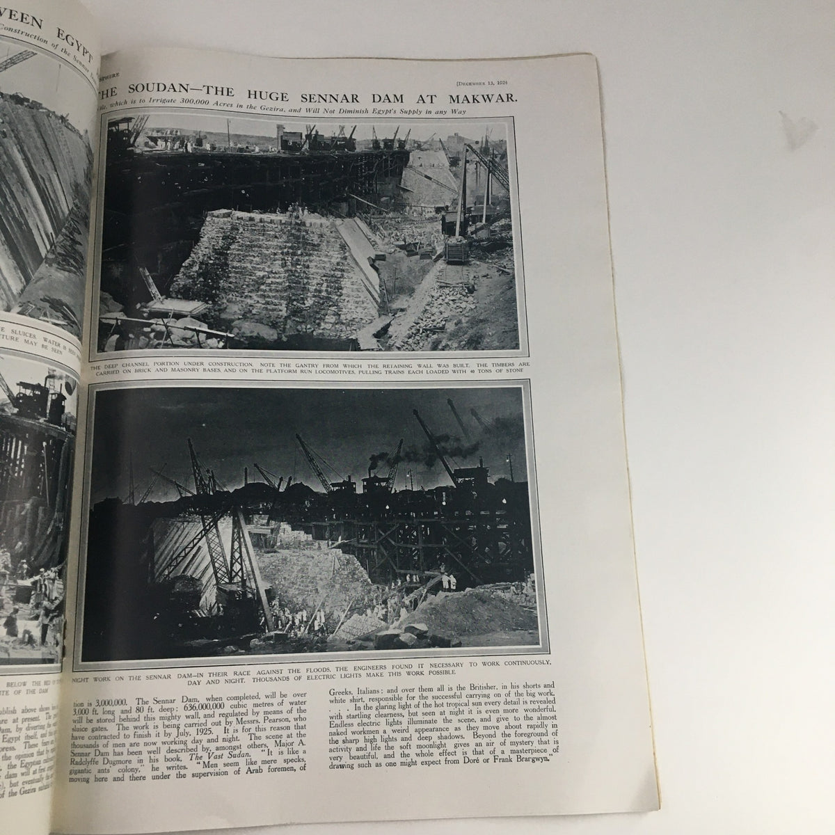 Page from The Sphere Newspaper December 13 1924 depicting large photographs related to construction projects, including the Soudan and the Sennar Dam at Makwar.
