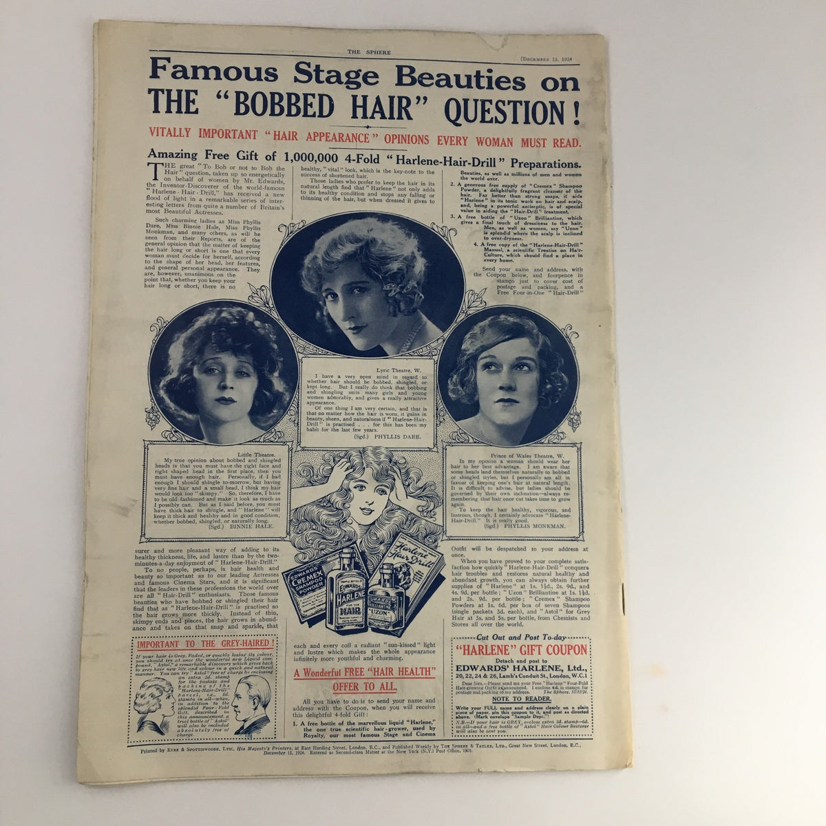 The Sphere Newspaper December 13 1924 featuring a page dedicated to famous stage beauties discussing the 'Bobbed Hair' question with photos of three women.