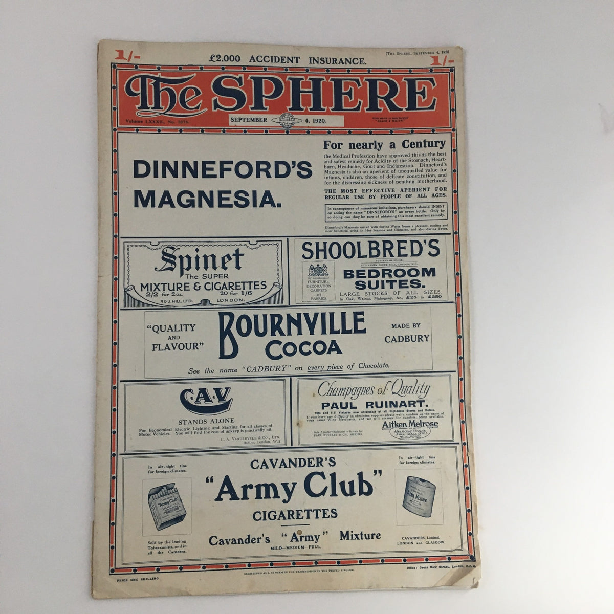 The Sphere Newspaper September 4, 1920 showcasing the front page with advertisements and title, highlighting its vintage design and historical significance.