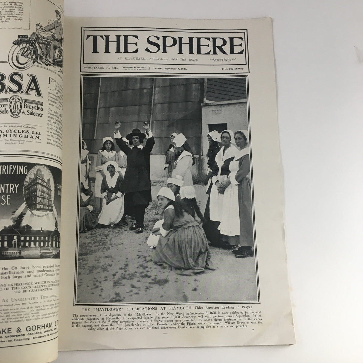 The Sphere Newspaper September 4, 1920 featuring the Mayflower Celebrations at Plymouth with a historical black-and-white photograph of participants in traditional attire.