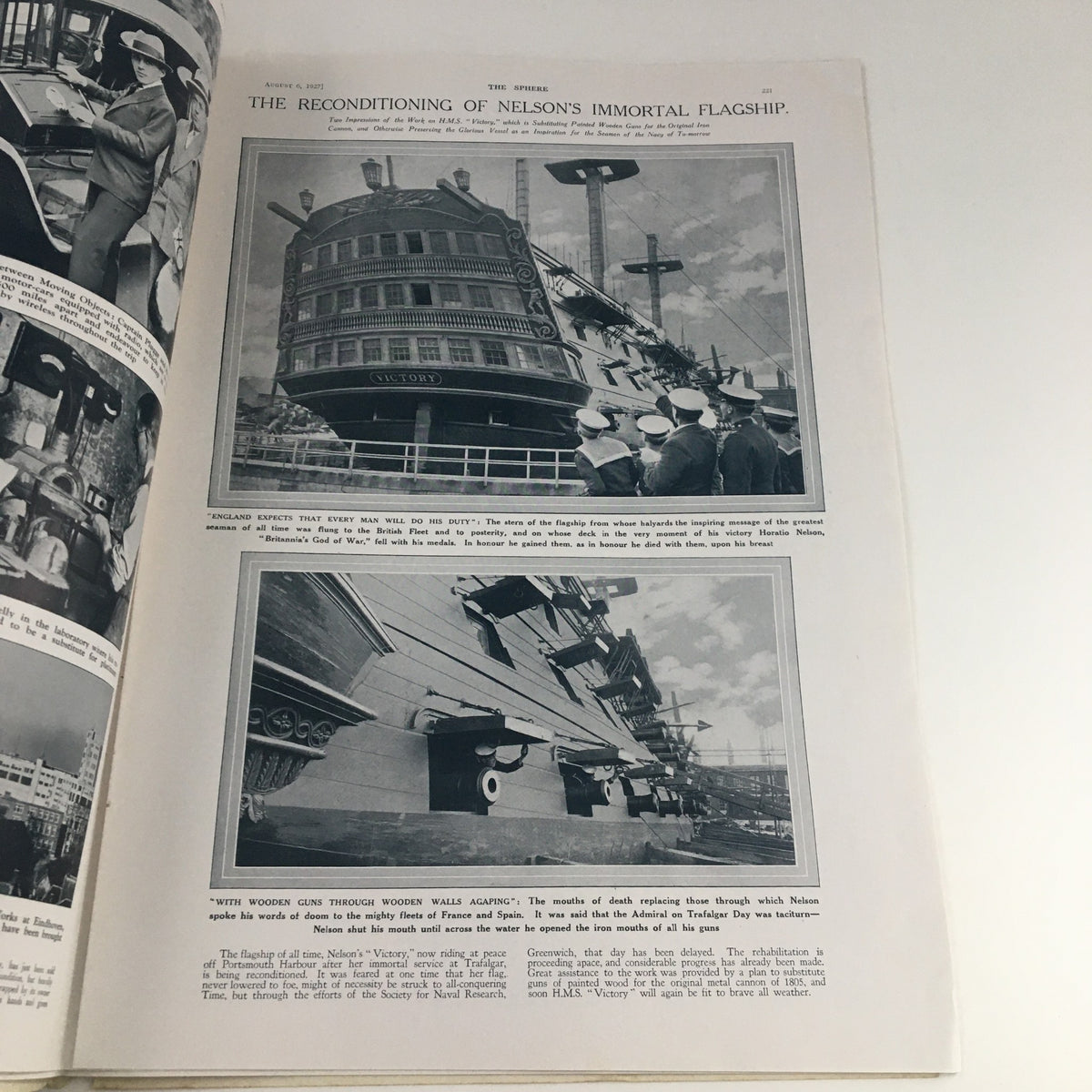 Page from The Sphere Newspaper, August 6, 1927, showcasing images related to the reconditioning of Nelson's flagship, emphasizing historical naval significance.