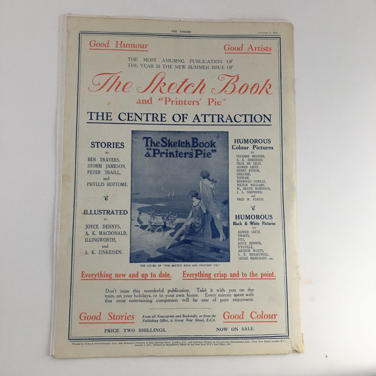 Cover page of The Sphere Newspaper, August 6, 1927, highlighting The Sketch Book and Printers' Pie, showcasing humor and art from the era.
