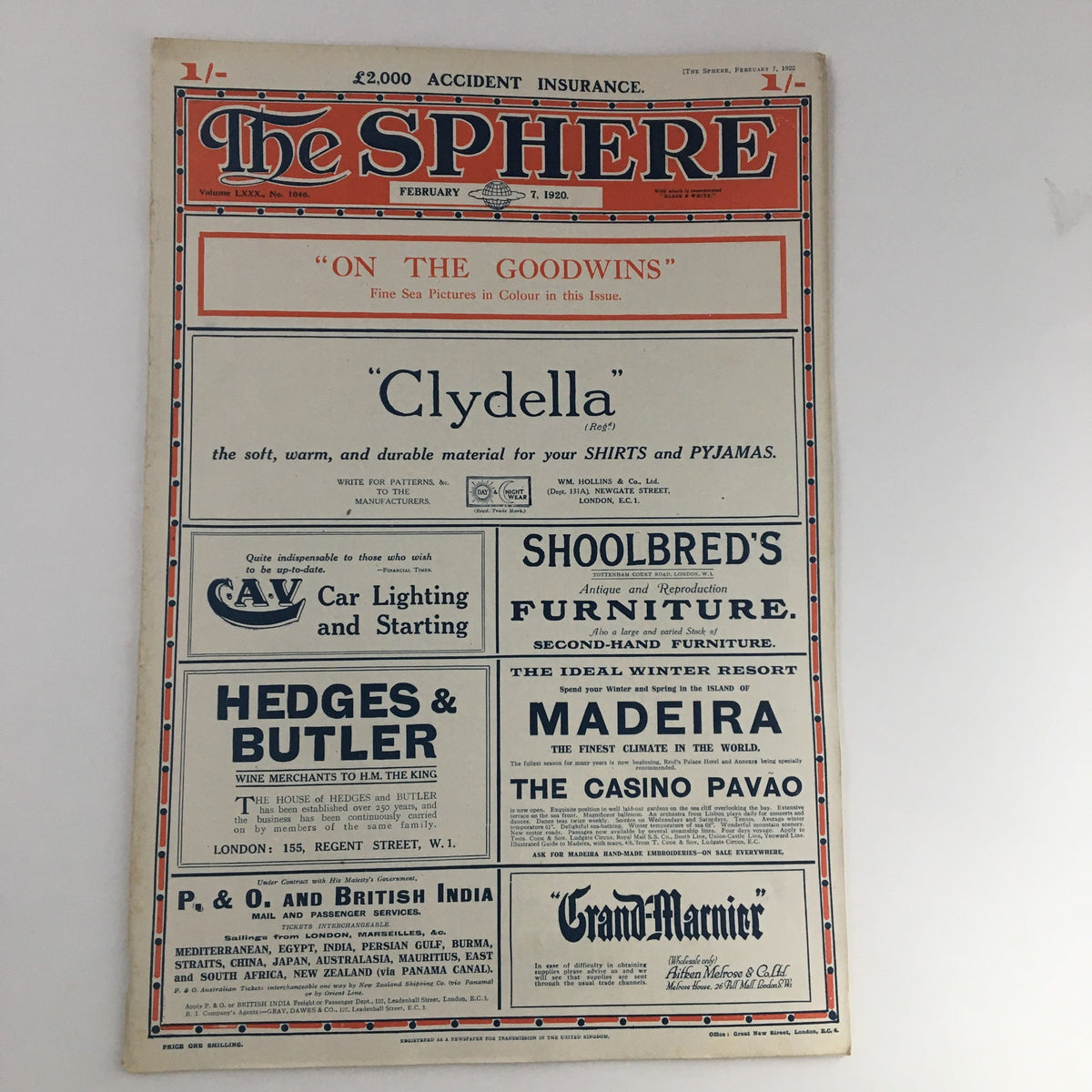 The Sphere Newspaper February 7, 1920 front cover showcasing advertisements and the title themed around The Goodwins.