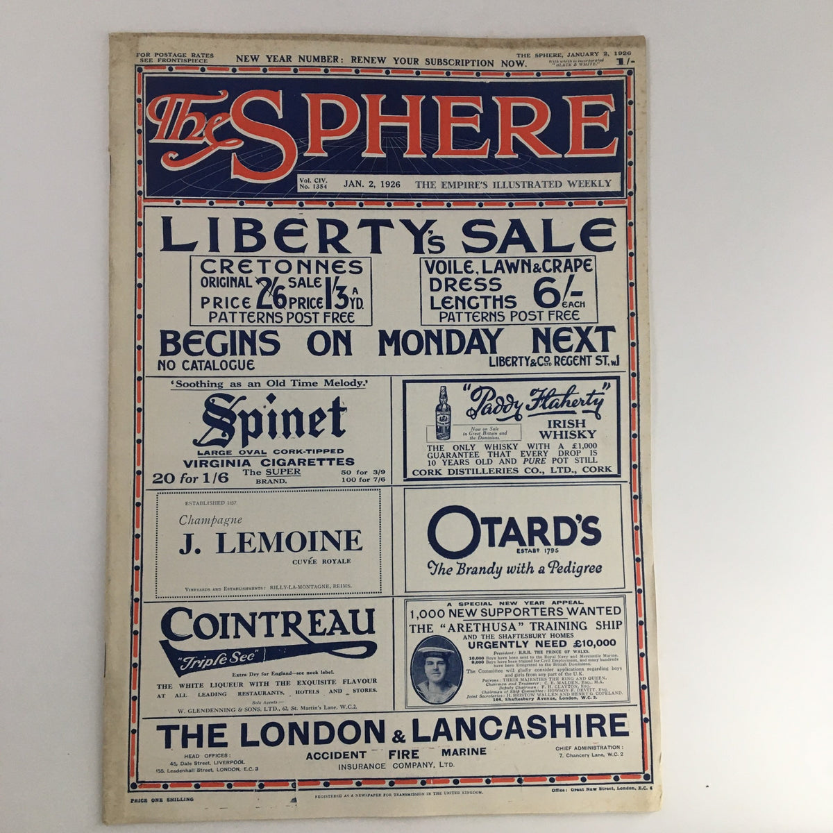 The Sphere Newspaper January 2 1926 cover featuring a headline about Liberty's Sale and showcasing vintage graphic design elements from the early 20th century.