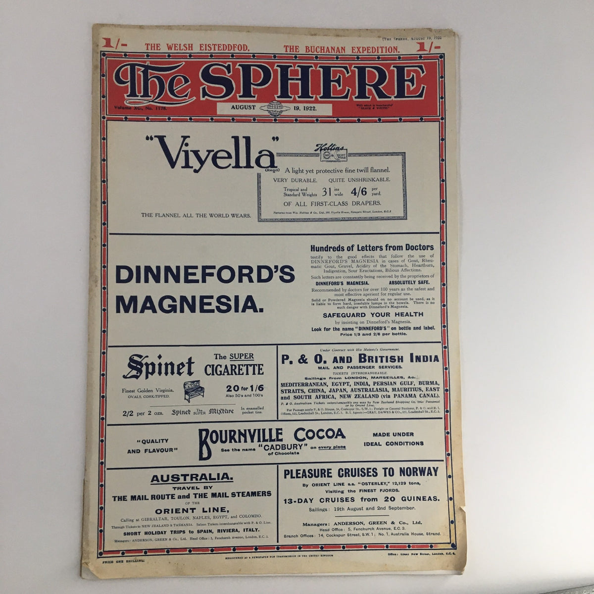 The Sphere Newspaper dated August 19 1922 showcasing the cover with advertisements and features related to the Welsh Eisteddfod and the Buchanan Expedition.