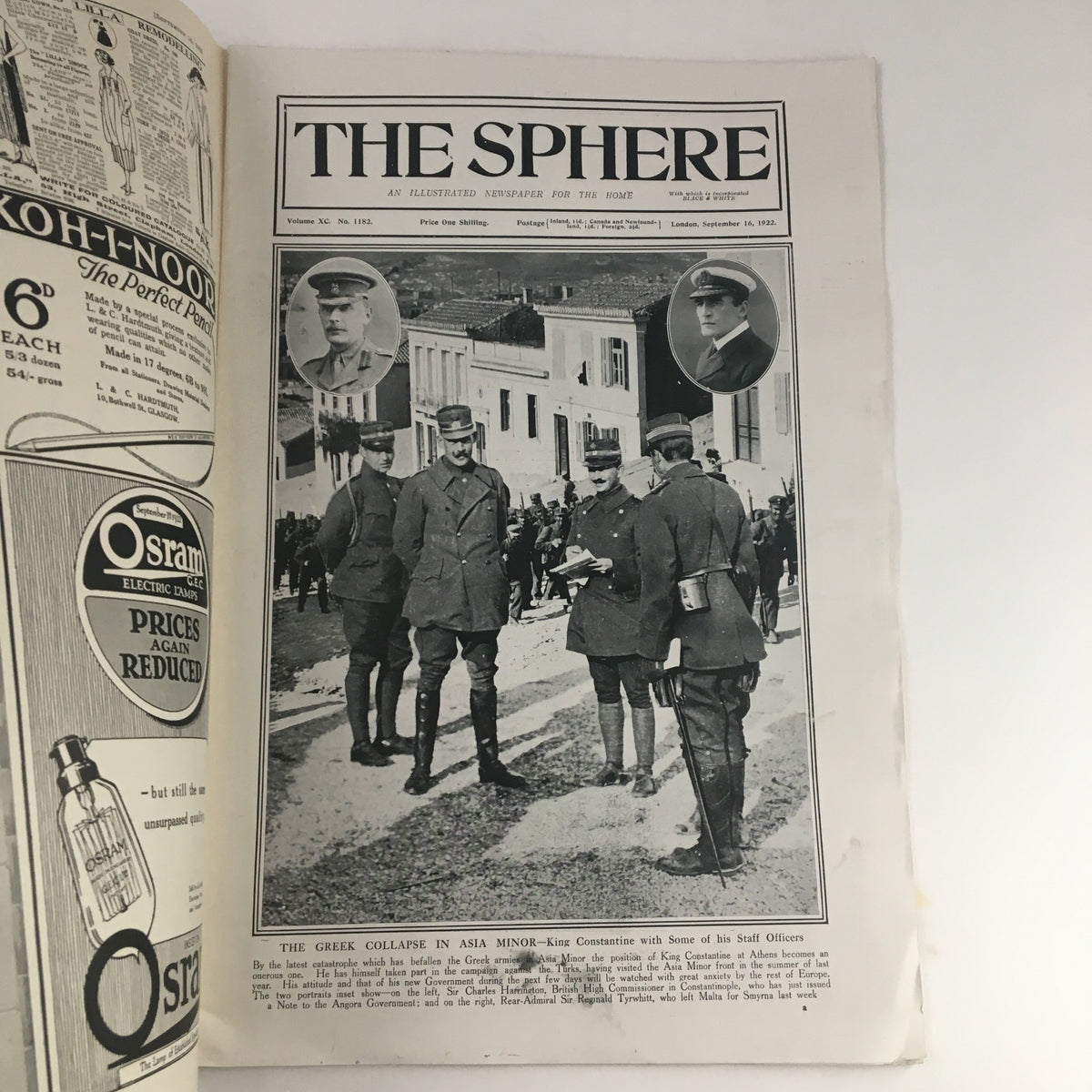 The Sphere Newspaper from September 16, 1922, featuring King Constantine with his staff officers on the cover. The image shows a group of military personnel in formal attire standing outside, highlighting historical military attire and the context of the time.