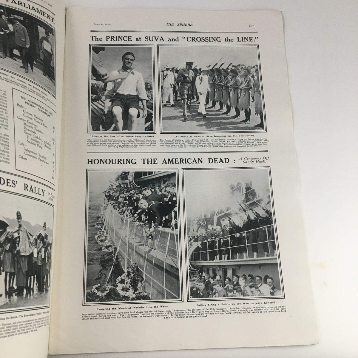 The Sphere Newspaper June 19 1920 - Articles and images featuring The Prince at Suva and the tribute to American heroes, illustrating cultural aspects of the era.
