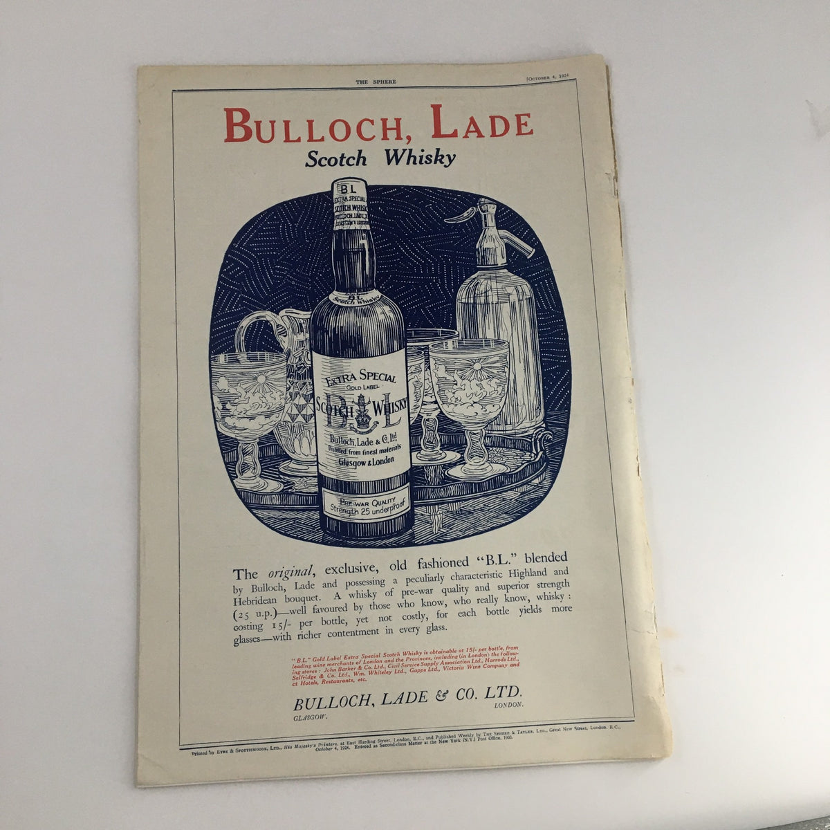 The Sphere Newspaper October 4 1924 featuring an advertisement for Bulloch, Lade Scotch Whisky, showcasing a bottle and vintage glassware design.